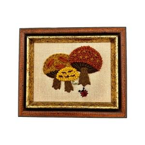 Vintage 1977 Mushrooms and Lady Bug Needlepoint Wood Framed Art